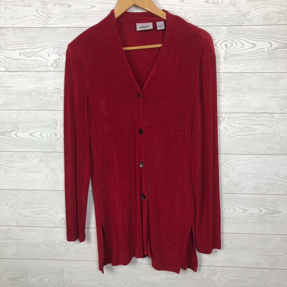Chico's Travelers Women's Size 1/Medium Slinky Knit Button Front Top Long Sleeve
